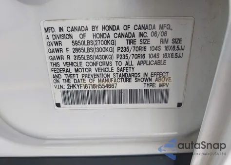 2006 Honda Pilot Ex-L from USA, damaged, VIN 2HKYF18716H554667